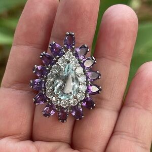 NWT Natural Aquamarine & Amethyst with CZ accent Teardrop Statement Ring Size 7